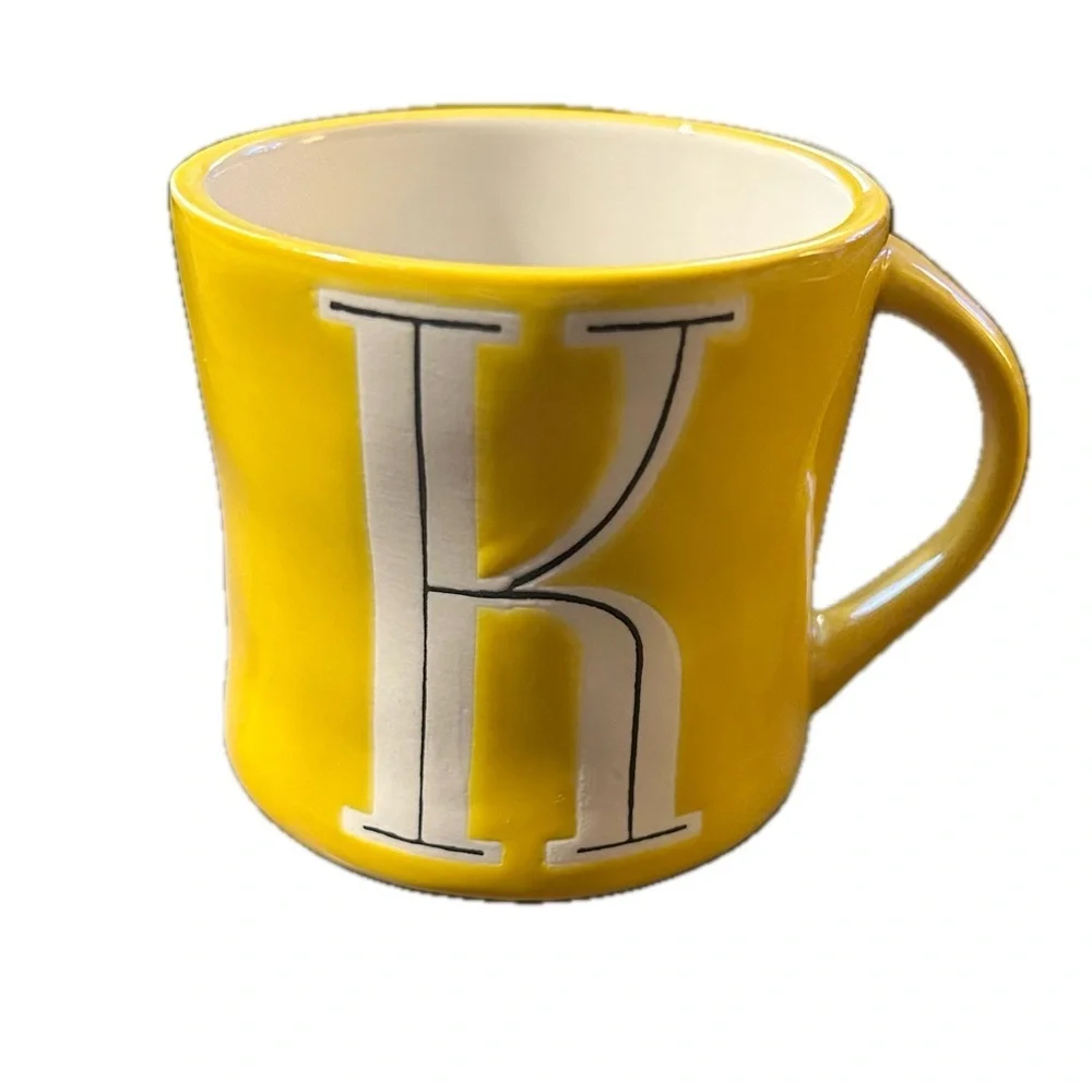 Anthropologie K Initial Mug Yellow White Monogram Hand Painted
